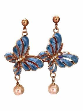 Blue Butterfly Drop Earrings with Pearl Charm